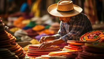 an old man in a hat is working on a string of yarn Ai Generated photo