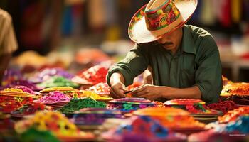 un antiguo hombre en un sombrero es trabajando en un cuerda de hilo ai generado foto