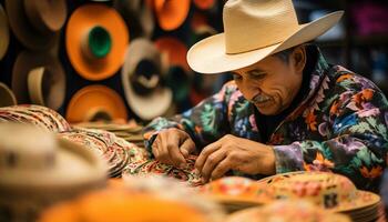 an old man in a hat is working on a string of yarn Ai Generated photo