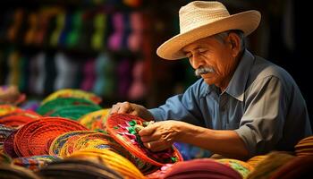 an old man in a hat is working on a string of yarn Ai Generated photo