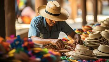 an old man in a hat is working on a string of yarn Ai Generated photo