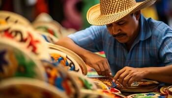 un hombre en un vistoso sombrero es trabajando en un sombrero ai generado foto