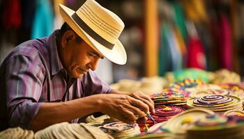 an old man in a hat is working on a string of yarn Ai Generated photo