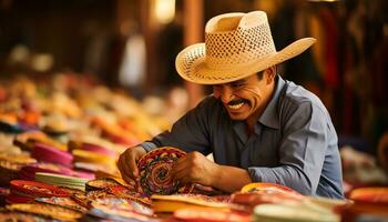 un antiguo hombre en un sombrero es trabajando en un cuerda de hilo ai generado foto