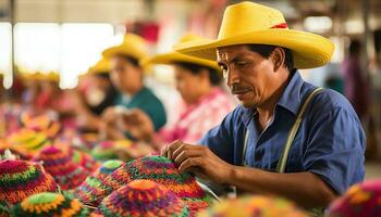 an old man in a hat is working on a string of yarn Ai Generated photo