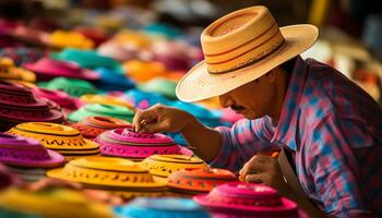 un antiguo hombre en un sombrero es trabajando en un cuerda de hilo ai generado foto