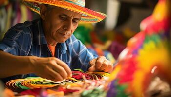 un antiguo hombre en un sombrero es trabajando en un cuerda de hilo ai generado foto