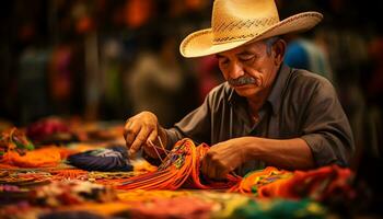 an old man in a hat is working on a string of yarn Ai Generated photo