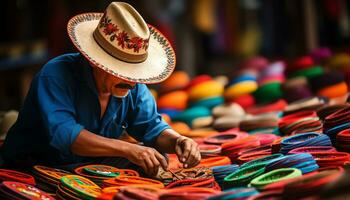 un antiguo hombre en un sombrero es trabajando en un cuerda de hilo ai generado foto