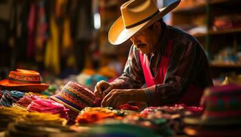 un antiguo hombre en un sombrero es trabajando en un cuerda de hilo ai generado foto