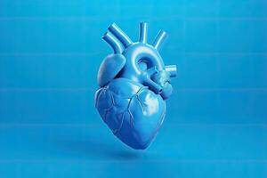 humano corazón en un azul antecedentes. 3d representación, 3d ilustración, humano corazón en azul antecedentes. 3d representación, 3d ilustración, ai generado foto