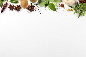 Herbs and spices on white background, top view with copy space, Herbs and spices selection on white background with copy space for text, AI Generated photo