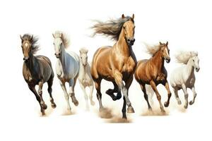 caballos corriendo en polvo aislado en un blanco antecedentes. 3d representación, caballos corriendo en diferente posiciones en un blanco fondo, lado vista, ai generado foto