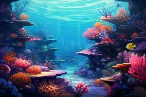 submarino escena con coral arrecife y tropical pez. 3d ilustración, coral jardín marina y submarino mundo, ai generado foto