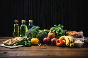 Healthy food ingredients on a wooden table. Detox diet, Healthy foods and exercise equipment on a wooden table, AI Generated photo