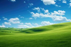 verde campo y azul cielo con nubes naturaleza composición. 3d prestar, montañoso verde paisaje ver con verde césped y hermosa cielo, ai generado foto