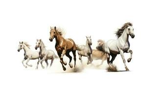 caballos corriendo aislado en blanco antecedentes. 3d ilustración. 3d representación, caballos corriendo en diferente posiciones en un blanco fondo, lado vista, ai generado foto