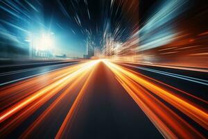 moving car with blur light through city at night, motion blur background, High speed road with motion blur to create vision of fast speed transfer, AI Generated photo