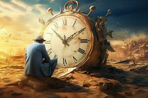 conceptual imagen de un hombre mirando a el reloj en tiempo, hombre y mujer en pie en frente de un vaso pared con fumar, humano amable, por refik anadol, ai generado foto