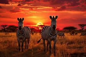 Zebras in the savannah at sunset, Namibia, Africa, Herd of zebras in the savannah at sunset, AI Generated photo