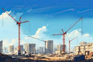 Construction site with cranes and building under construction. Vector illustration, Construction site with cranes and building against blue sky, AI Generated photo