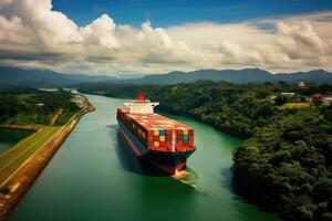 aéreo ver de envase carga Embarcacion en el río con montaña fondo, envase Embarcacion paso mediante el Panamá canal, ai generado foto