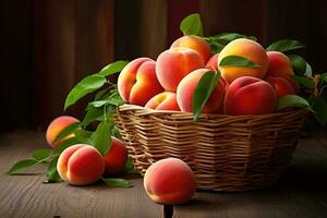 Ripe sweet peaches in a basket on a wooden table, Ripe juicy organic peaches in a wicker basket, AI Generated photo