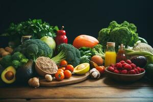 sano comida limpiar comiendo selección. equilibrado dieta. verduras, frutas y bayas, sano comida con estetoscopio y frutas y vegetales en de madera mesa, ai generado foto