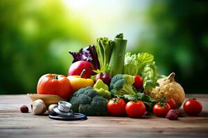 sano comida antecedentes con estetoscopio y vegetales en de madera mesa, sano comida con estetoscopio y frutas y vegetales en de madera mesa, ai generado foto