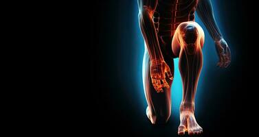Conceptual human body anatomy articular joint pain on black background, Man suffering from knee pain on Black background, panoramic banner, AI Generated photo