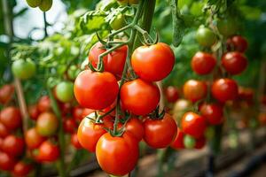 Ripe red tomatoes on a branch in a greenhouse. Selective focus, Ripe red tomatoes growing on a branch in a greenhouse. Close up, AI Generated photo