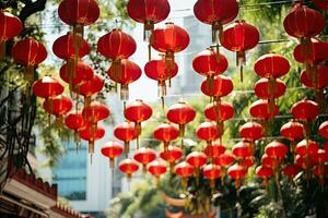 Red Chinese lanterns hanging on the tree in chinese temple, Red lanterns for Chinese New Year in the city of Bangkok, AI Generated photo