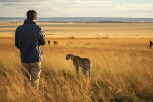 Cheetah in Masai Mara National Park in Kenya, Africa, rear view of Photographer taking picture of cheetah in Masai Mara, Kenya, AI Generated photo