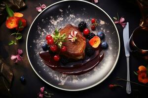 Tasty duck fillet with berries and chocolate sauce on dark background, Roasted goose liver with date and apple, fruit and berry sauce painting and cutlery top view. french cuisine, AI Generated photo