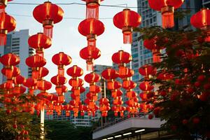 Red lanterns in the city of Ho Chi Minh, Vietnam, Red lanterns for Chinese New Year in the city of Bangkok, AI Generated photo