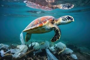 verde mar Tortuga nadando en el azul océano. verde mar Tortuga en el Oceano ,mar Tortuga con el plastico basura en el océano. contaminación de naturaleza concepto, ai generado foto