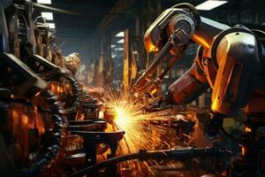 Industrial robots working in a factory. Automation manufacturing robots working with sparks, Mechanized industry robot arm and factory worker working together. Mixed media, AI Generated photo