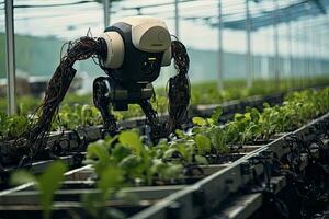 de cerca de artificial inteligencia robot trabajando en invernadero. tecnología concepto, robots agricultura fuman, ai generado foto