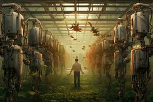 Businessman standing in front of a lot of robots in a factory, Robots farming fuman, AI Generated photo