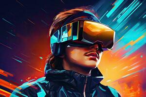 Futuristic portrait of a young woman wearing virtual reality goggles, Young woman wearing virtual reality goggles. Future technology and entertainment concept, AI Generated photo