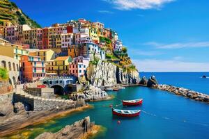 Colorful village of Manarola in Cinque Terre, Italy, Manarola traditional typical Italian village in National park Cinque Terre, colorful multicolored buildings houses on rock cliff, AI Generated photo