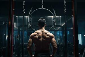 joven hombre en pie fuerte en el gimnasio y flexionando músculos muscular atlético carrocero aptitud modelo posando después ejercicios, hombre formación a gimnasio aptitud club a anillos, espalda vista, ai generado foto