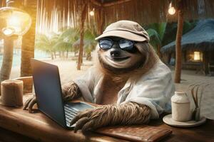 Cute sloth using a laptop on a tropical beach with palm trees, Sloth freelancer working at tropical beach, AI Generated photo