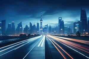 the light trails on the modern building background in shanghai china, Shanghai city skyline and expressway at night,China, AI Generated photo