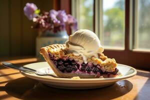 Blueberry pie with ice cream on wooden table and window background, Slice of blueberry pie topped with a scoop of ice cream on a sunny day near a window, AI Generated photo