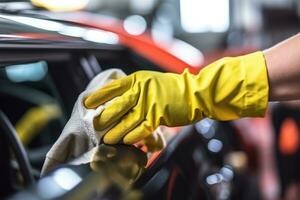 Close-up of hand in yellow glove cleaning car with microfiber cloth, Selective focus hands in gloves of expert technician electric car, AI Generated photo