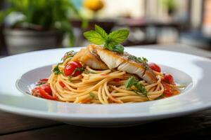 Spaghetti with grilled fish and tomato sauce on white plate on wooden table, Spaghetti with fish on a white plate with a blurred background, AI Generated photo