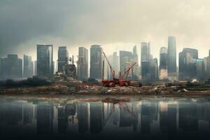 Aerial view of a construction site on a foggy day, Depressing the cityscape with the construction of new buildings, AI Generated photo