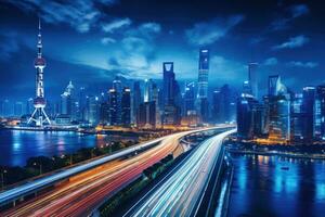 Shanghai Lujiazui Finance and Trade Zone of the modern city night background, Shanghai city skyline and expressway at night,China, AI Generated photo