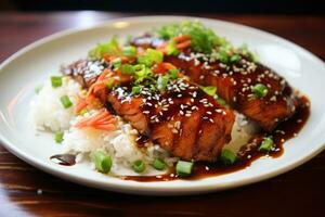 Salmon teriyaki in teriyaki sauce served with rice, Salmon soy sauce meal, AI Generated photo